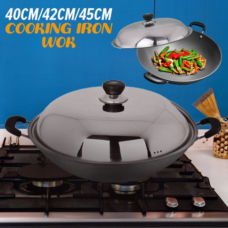 idrop [ 40CM / 42CM / 45CM ] RED SUN Kitchen Frying Cooking Iron Wok Nonstick / Periuk Besi Masak Tidak Lekat / 厨房油炸烹饪铁锅不粘锅