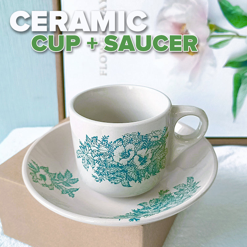 idrop Ceramic Cup Flower Pattern Cup & Saucer / Cawan Seramik Corak Bunga / 陶瓷杯 青色花图案杯和碟7.5*7CM+15CM