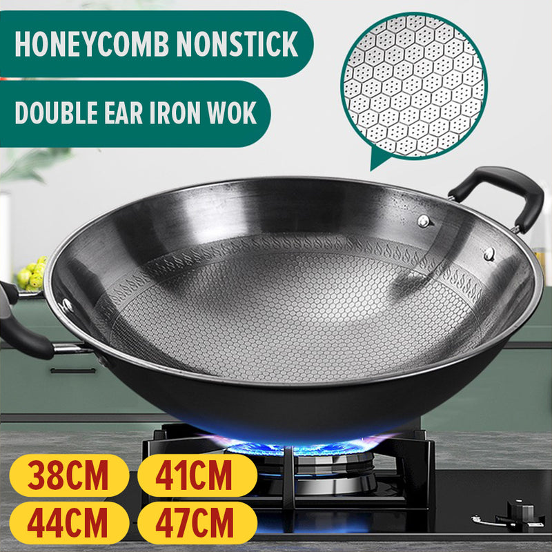 iDrop Honeycomb Nonstick Double Ear Iron Cooking Wok (38CM~47CM) / Kuali Masak Tidak Lekat Bertangkai Dua Corak Lebah / 38CM~47CM双耳蜂窝铁炒锅(铁兴)