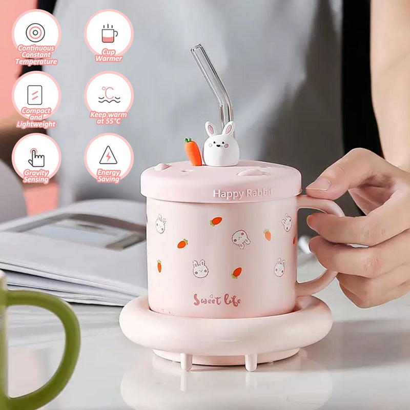 idrop [ 320ml ] Pink Cute Rabbit Cup Warmer Ceramic Cup / Pemanas Cawan Minuman Rekaan Arnab Comel / 粉色萌兔恒温陶瓷杯礼盒装