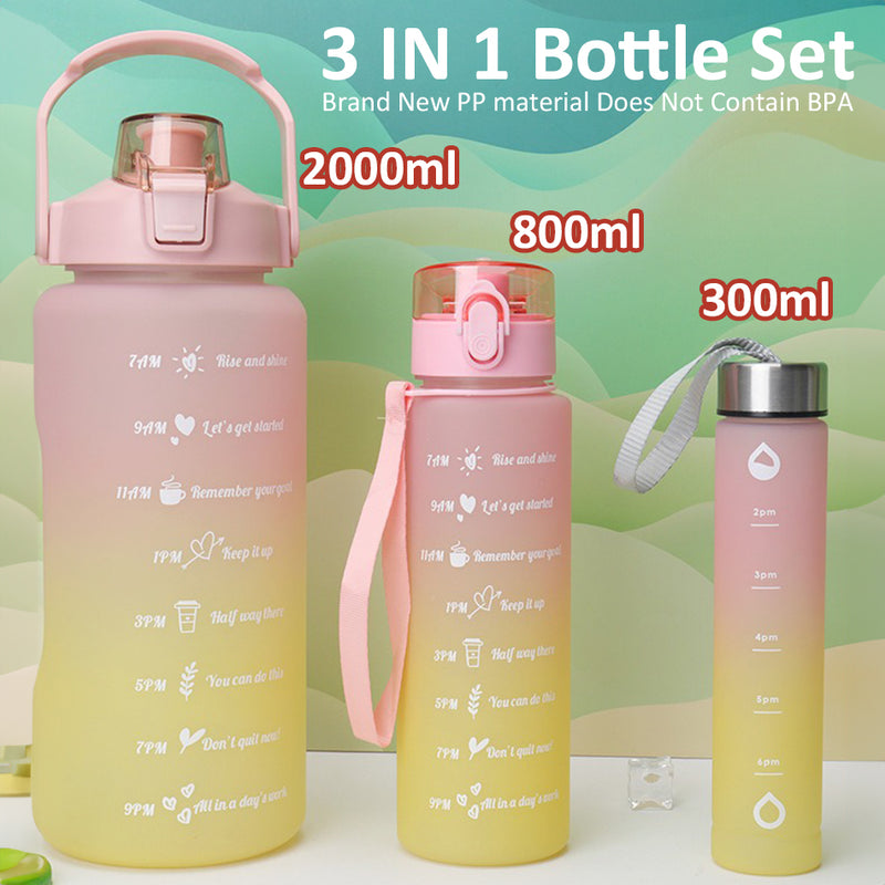 idrop [ 3PCS SET ] Drinking Water Bottle Gradient Color 300ml 800ml 2000ml / Set 3IN1 Botol Minuman Warna-warni  / (2000+800+300ML)圆形三件套渐变色塑料 水壶套装