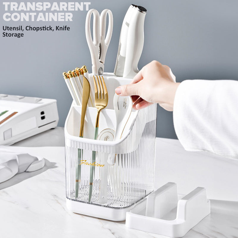 idrop Kitchen Transparent Utensil Chopstick Knife Holder Storage / Bekas Penyimpanan Perkakas Dapur / 塑料透明刀架筷子筒带锅盖座