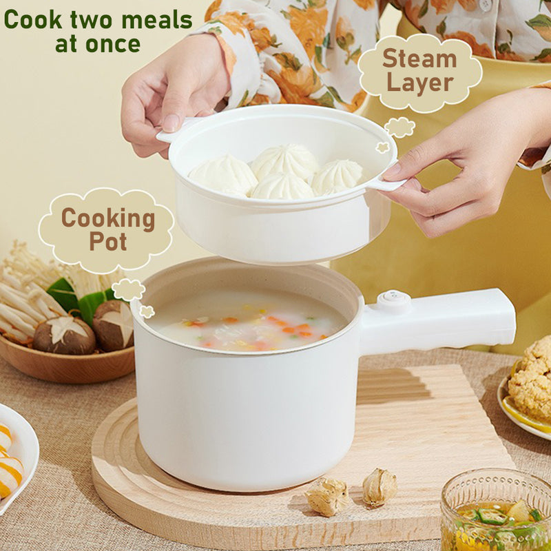 idrop [ 18CM ] Single Handle Nonstick Electric Cooking Pot with Steamer Layer / Periuk Kuali Elektrik Tidak Lekat & Stim / 18CM机械版小白单柄不粘电煮锅(塑料蒸格 )