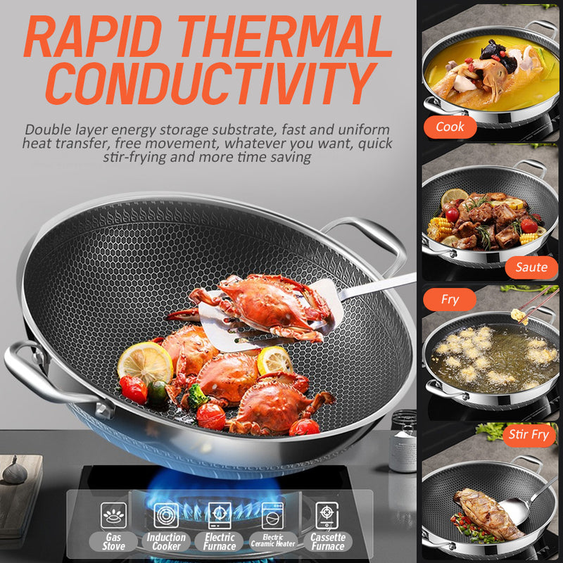 idrop [ 34CM ] Nonstick Honeycomb Stainless Steel Double Ear Cooking Wok Pan with Steam Layer / Periuk Kuali Masak keluli Tahan Karat dan Lapisan Stim / 34CM德国316不锈钢炒锅双耳炒锅商用大炒锅大口径锅蜂窝不粘锅无涂层