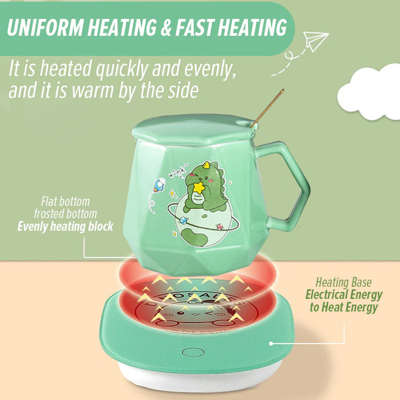 idrop [ 400ml ] Green Dinosaur Cup Warmer & Ceramic Cup Gift Box / Pemanas Cawan Kartun Cawan / 绿色恐龙陶瓷平盖钻石杯恒温礼盒 装(暖暖杯)