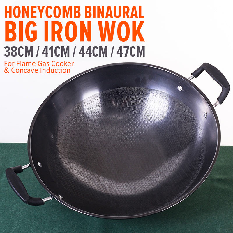 iDrop Honeycomb Nonstick Double Ear Iron Cooking Wok (38CM~47CM) / Kuali Masak Tidak Lekat Bertangkai Dua Corak Lebah / 38CM~47CM双耳蜂窝铁炒锅(铁兴)