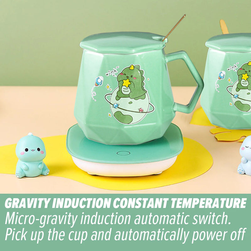 idrop [ 400ml ] Green Dinosaur Cup Warmer & Ceramic Cup Gift Box / Pemanas Cawan Kartun Cawan / 绿色恐龙陶瓷平盖钻石杯恒温礼盒 装(暖暖杯)