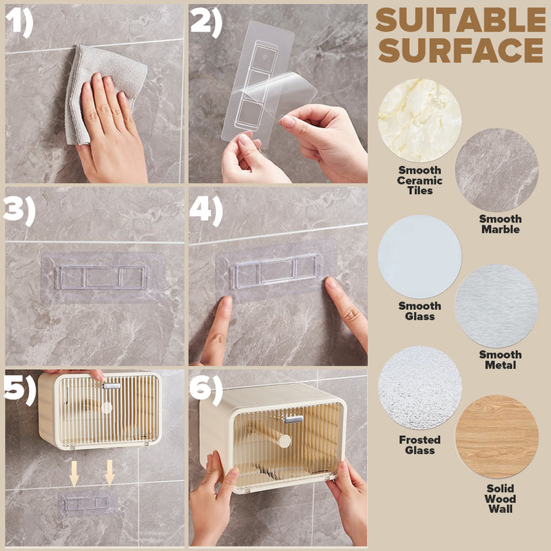 idrop Wall Mounted Tissue Storage Box With Transparent Window / Kotak Bekas Penyimpanan Tisu Dinding / (强力胶)透明白壁挂洗脸巾收纳盒