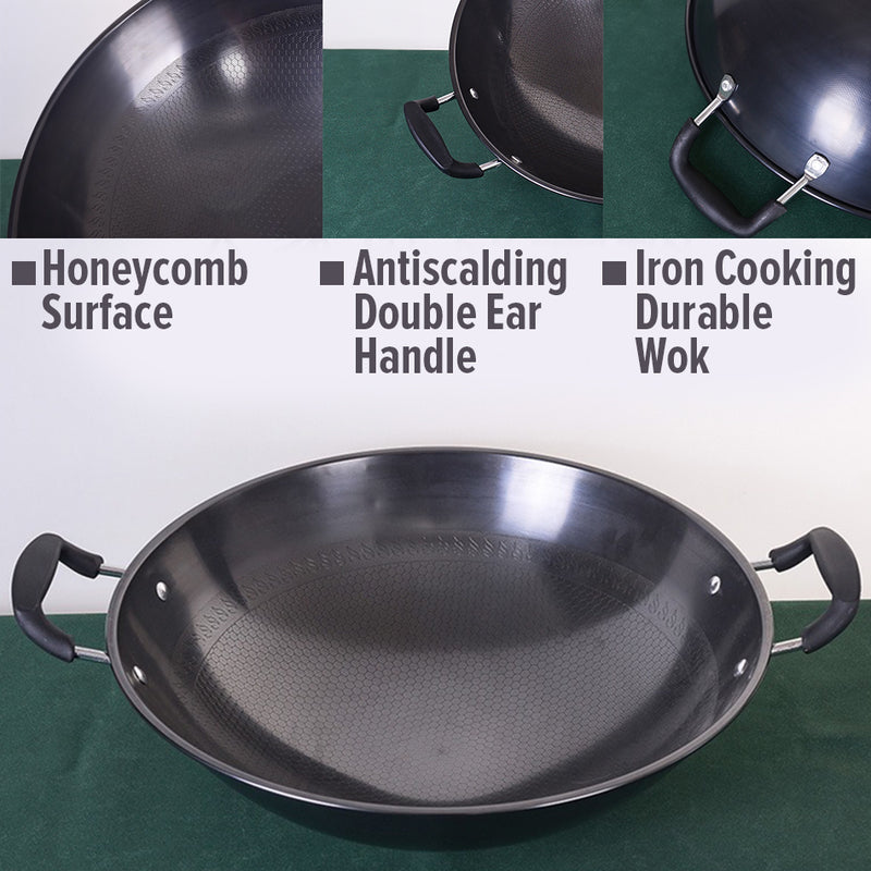 iDrop Honeycomb Nonstick Double Ear Iron Cooking Wok (38CM~47CM) / Kuali Masak Tidak Lekat Bertangkai Dua Corak Lebah / 38CM~47CM双耳蜂窝铁炒锅(铁兴)