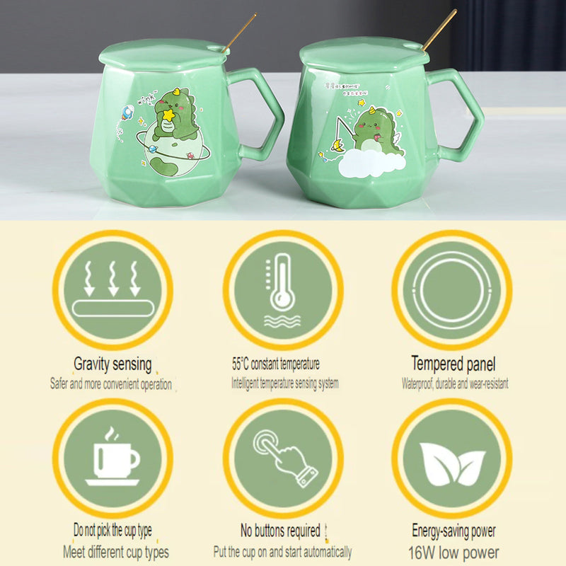 idrop [ 400ml ] Green Dinosaur Cup Warmer & Ceramic Cup Gift Box / Pemanas Cawan Kartun Cawan / 绿色恐龙陶瓷平盖钻石杯恒温礼盒 装(暖暖杯)