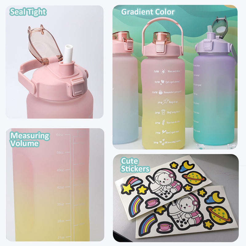 idrop [ 3PCS SET ] Drinking Water Bottle Gradient Color 300ml 800ml 2000ml / Set 3IN1 Botol Minuman Warna-warni  / (2000+800+300ML)圆形三件套渐变色塑料 水壶套装