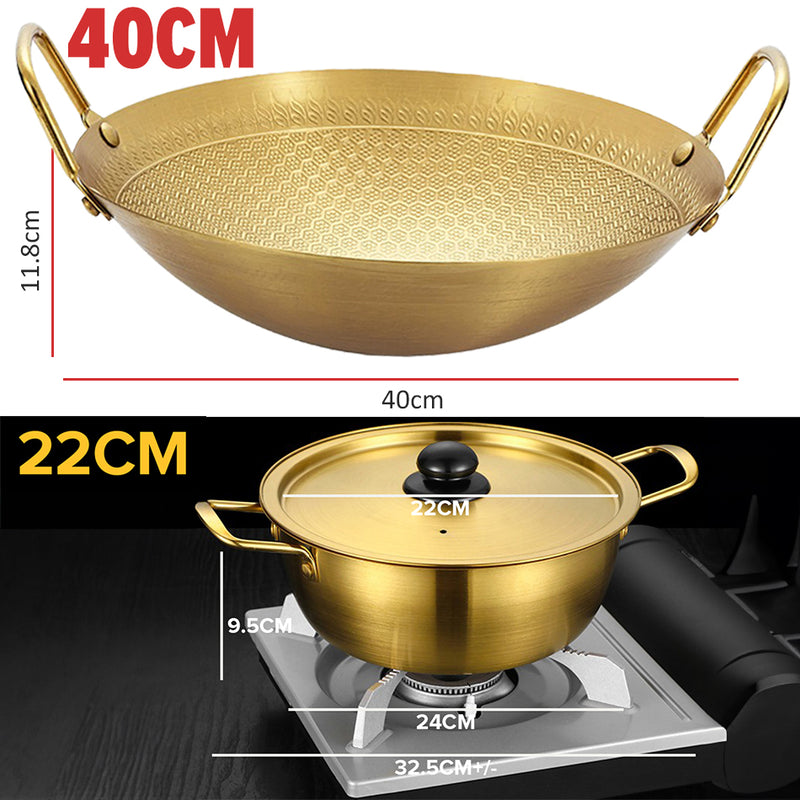 idrop GOLD COMBO SET 40CM Wok Frying Pan Pot Plate Bowl / SET KOMBO EMAS Kuali Periuk Piring dan Mangkuk / 金色组合套装炒锅煎锅锅盘碗