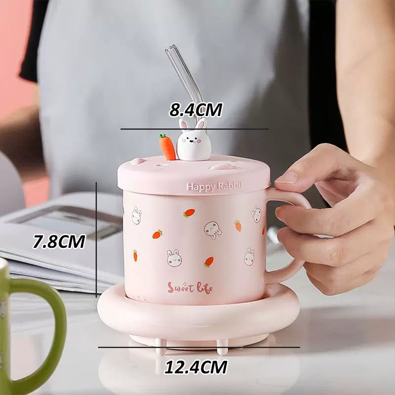 idrop [ 320ml ] Pink Cute Rabbit Cup Warmer Ceramic Cup / Pemanas Cawan Minuman Rekaan Arnab Comel / 粉色萌兔恒温陶瓷杯礼盒装