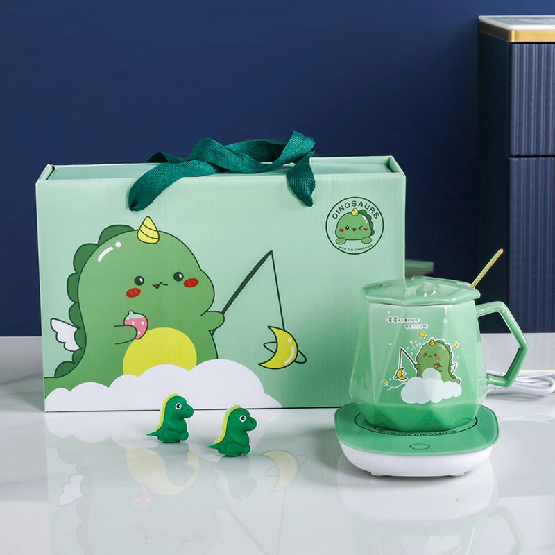idrop [ 400ml ] Green Dinosaur Cup Warmer & Ceramic Cup Gift Box / Pemanas Cawan Kartun Cawan / 绿色恐龙陶瓷平盖钻石杯恒温礼盒 装(暖暖杯)