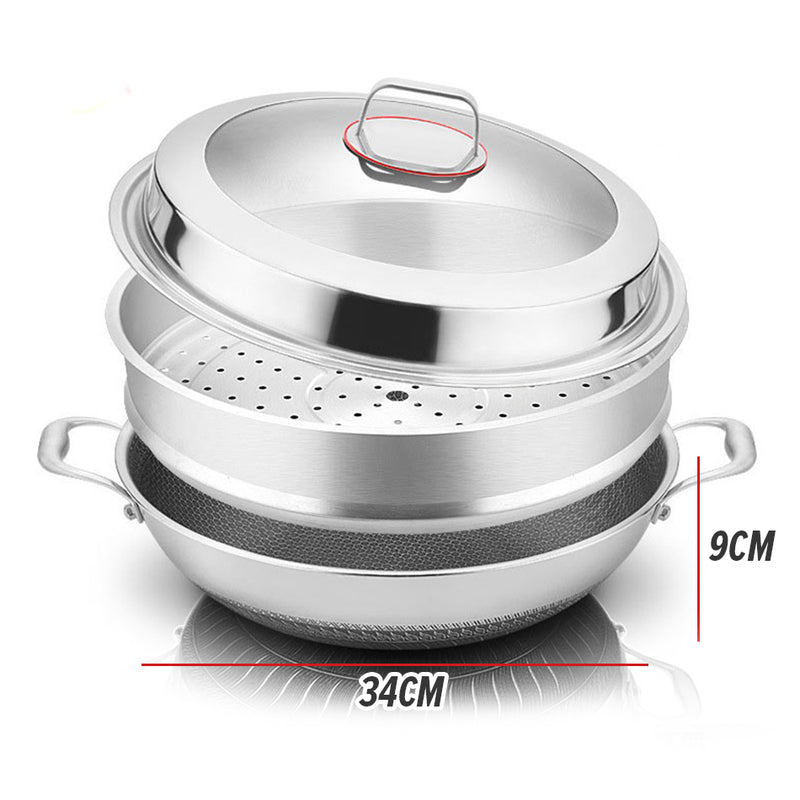 idrop [ 34CM ] Nonstick Honeycomb Stainless Steel Double Ear Cooking Wok Pan with Steam Layer / Periuk Kuali Masak keluli Tahan Karat dan Lapisan Stim / 34CM德国316不锈钢炒锅双耳炒锅商用大炒锅大口径锅蜂窝不粘锅无涂层