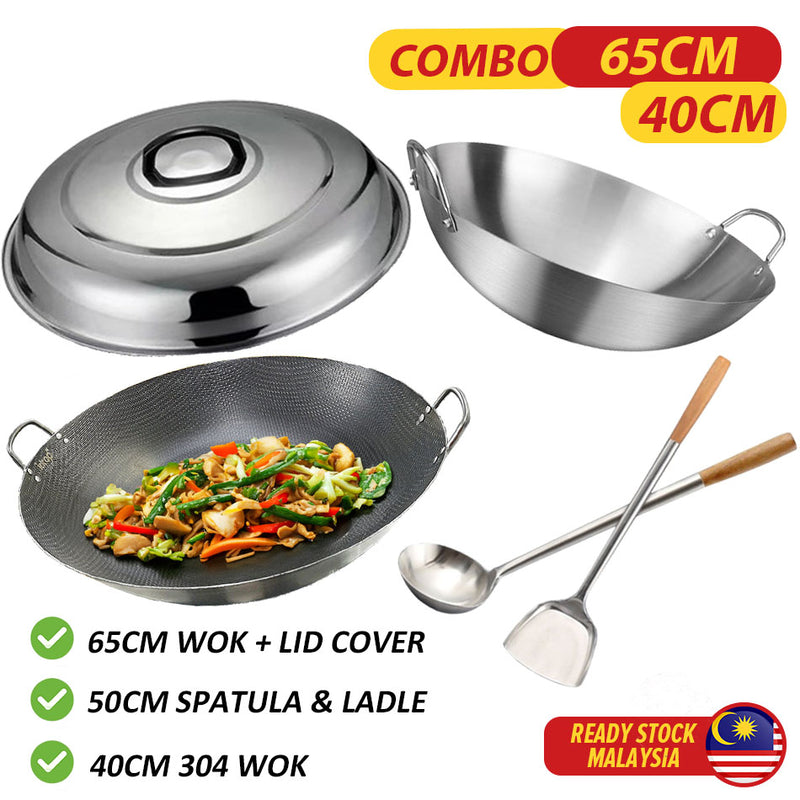 idrop [ SUPER COMBO SET ] 65CM Mega Large Honeycomb Nonstick Cooking Wok with Lid Cover & Long Spatula Ladle & 40CM Wok Double Ear 304 / Periuk Honeycomb Saiz Besar Berpenutup 65CM & Senduk dan Spatula & 40CM Periuk  Karat 304