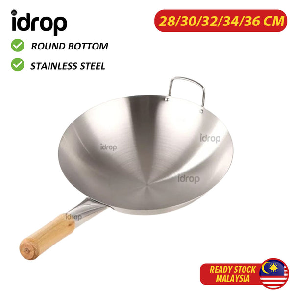 idrop [ 28-36CM ] Round Bottom Uncoated Stainless Steel Cooking Frying Pan / Periuk Memasak Bentuk Kawah Bulat 30CM 32CM 34CM / 30CM 32CM 34CM圆底无涂层不锈钢烹饪煎锅