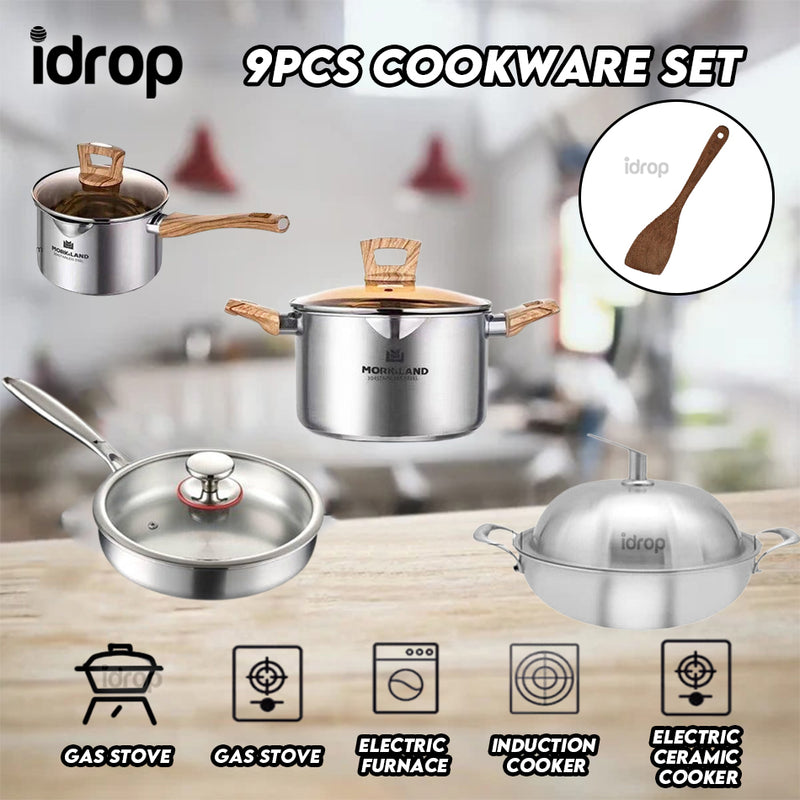 idrop 9PCS Premium Stainless Steel Cookware Set / Set Alat Memasak Keluli Tahan Karat Premium 9PCS