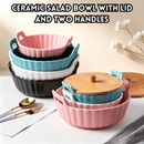 idrop【  7 / 9 INCH 】– Ceramic Double Handle Bowl Instant Noodle Bowl Creative Salad Soup Bowl with Wooden Lid Anti Scald Handle Mangkuk Seramik Pemegang Dua Mangkuk Mi Segera Mangkuk Salad dan Sup Kreatif Dengan Penutup Kayu Pemegang Anti Panas (S)