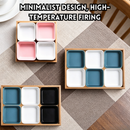 idrop【 4 / 6 Grid 】Small Square Ceramic Bowl with Wooden Tray Snack Plate Nuts Sauce Dip Plate Home Serving Platter Random Colour Mangkuk Kecil Segi Empat Seramik 4 / 6 Petak Dengan Dulang Kayu Pinggan Snek Kekacang Buah Kering Sos Warna Rawak (S)