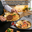 idrop 【23CM – 30CM】Stainless Steel Round Serving Tray Thickened Gold BBQ Plate Fruit Cake Dining Shallow Serving Dish Kitchen Tableware Pinggan Bulat Keluli Tahan Karat 23CM–30CM Tebal Warna Emas BBQ Pinggan Buah Kek Makan Dulang Hidangan Cetek (S)