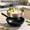 idrop 32CM Blue Crystal Non Stick Wok with Steamer & Spatula Flat Bottom Frying Pan for Gas Stove & Induction Cooker Kuali Blue Crystal 32CM Dengan Pengukus & Spatula Periuk Leper Anti Lekat Sesuai Untuk Dapur Gas & Induksi (S)