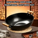 idrop 40CM Deep Cast Iron Wok with Lid Thickened Flat Bottom Double Handle Non Coated Cooking Wok Induction Compatible Kuali Besi Tuang 40CM Dalam Dengan Penutup Kuali Tapak Rata Tebal Pemegang Dua Tanpa Salutan Sesuai Dapur Induksi Peralatan Dapur (S)