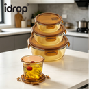 idrop【Rectangle / Round】Multi Size Glass Food Container Microwave Safe Lunch Box with Lid Airtight Fresh Keeping Fruit Bekas Makanan Kaca Warna Teh Bentuk Segi Empat dan Bulat Microwave Dengan Penutup Kedap Udara Bekas Buah dan Bento Pelbagai Saiz (S)