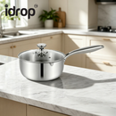 idrop【18CM / 20CM】Stainless Steel Pot with Glass Lid Double Pour Spout Milk Pot Baby Food Steaming Cooking Noodle Soup Pot Single Serving Periuk Keluli Tahan Karat 18CM / 20CM Penutup Kaca Corong Tuang Dua Arah Periuk Susu Makanan Bayi Kukus dan Mi (S)