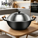 idrop 40CM Deep Cast Iron Wok with Lid Thickened Flat Bottom Double Handle Non Coated Cooking Wok Induction Compatible Kuali Besi Tuang 40CM Dalam Dengan Penutup Kuali Tapak Rata Tebal Pemegang Dua Tanpa Salutan Sesuai Dapur Induksi Peralatan Dapur (S)
