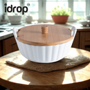 idrop【  7 / 9 INCH 】– Ceramic Double Handle Bowl Instant Noodle Bowl Creative Salad Soup Bowl with Wooden Lid Anti Scald Handle Mangkuk Seramik Pemegang Dua Mangkuk Mi Segera Mangkuk Salad dan Sup Kreatif Dengan Penutup Kayu Pemegang Anti Panas (S)