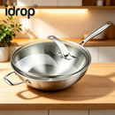 idrop 【34CM–38CM】304 Thickened Stainless Steel Wok Round Bottom Cooking Pan Induction and Gas Compatible with Glass Flying Lid Kuali Keluli Tahan Karat 304 Tebal Dasar Bulat Tidak Lekat Sesuai Dapur Induksi dan Gas Dengan Penutup Kaca Peralatan Dapur (S)