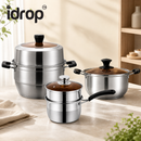 idrop【18CM + 26CM + 34CM】Milk Pot Stainless Steel with Steamer, Double Handle Soup Pot Tall Steamer Pot Cookware Set Periuk Susu Keluli Tahan Karat Pemegang Tunggal Dengan Pengukus Periuk Sup Pemegang Dua Periuk Kukus Bertutup Tinggi Sesuai Dapur (S)