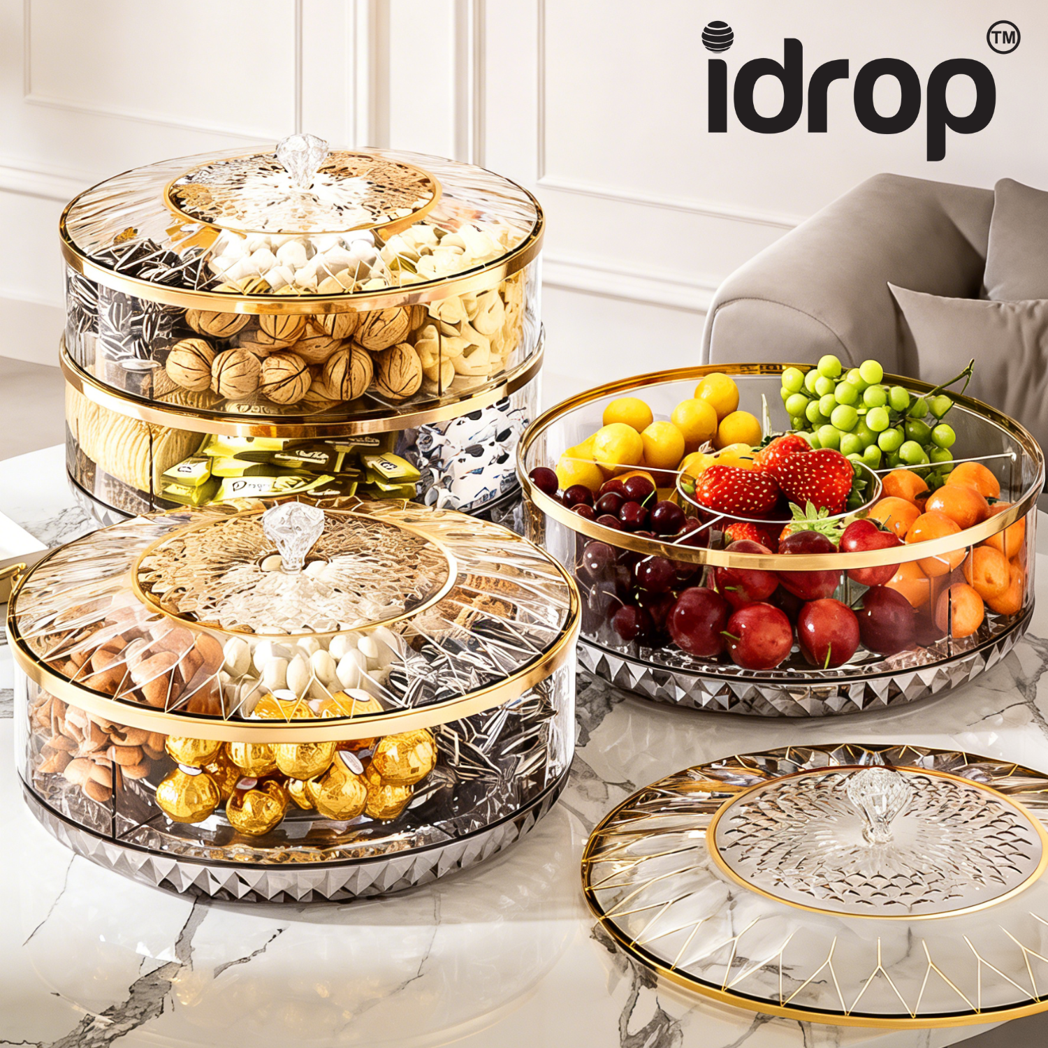 idrop Acrylic Bekas Kuih Raya Bulat Boleh Pusing 360, Bekas Makanan Sn