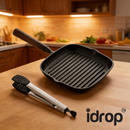 idrop 1 SET – Non Coated Cast Iron Grill Pan Set Professional Grill Plate with Food Tongs Kitchen Cookware Set Set Kuali Grill Besi Tuang Tanpa Salutan Plat Grill Profesional Dengan Penyepit Makanan Peralatan Dapur