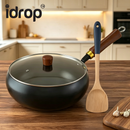 idrop 24CM Deep Belly Wok Traditional Pumpkin Shape Iron Wok Flat Bottom Cooking Pan Induction Gas Stove Compatible Kitchen Cookware Kuali Besi Perut Besar Bentuk Labu Kuali Goreng Dasar Rata Sesuai Dapur Induksi dan Dapur Gas Peralatan Dapur Rumah (S)