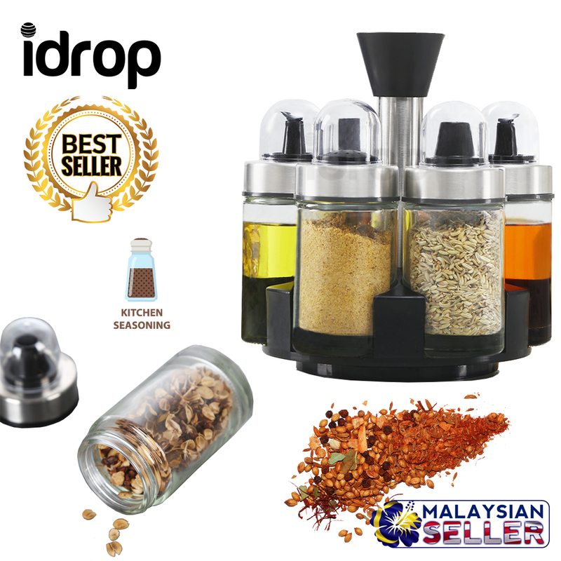 idrop Rotary Seasoning Storage Glass Jar Set For Salt Sugar Pepper Spices