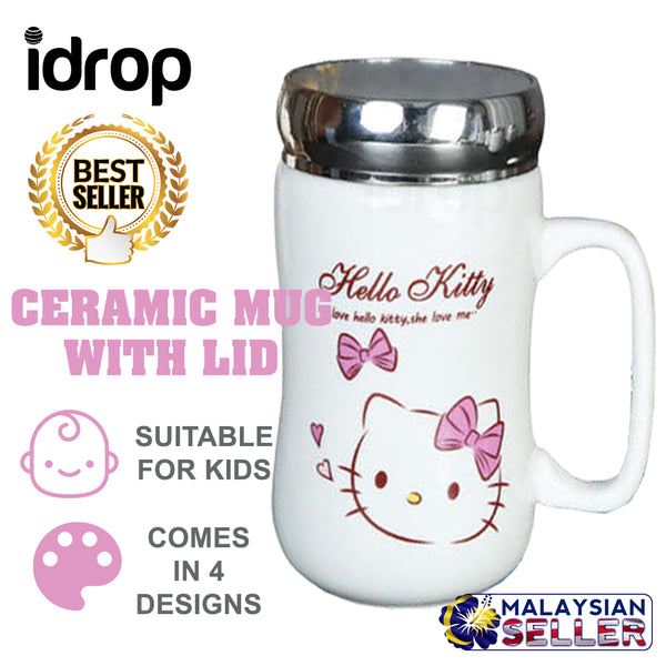 idrop MYCUP - 450 ml Hello Kitty Design Ceramic Cup with Stainless Steel Lid Cover and Handle
