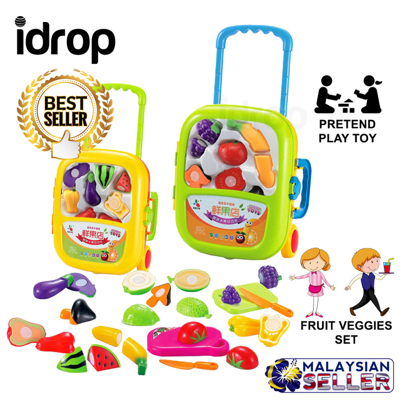 idrop Cutting Fruit Vegetable Veggies Toys Pretend Play Toy Set With Trolley For Kids Children