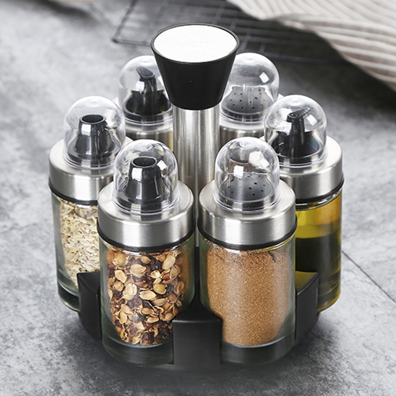idrop Rotary Seasoning Storage Glass Jar Set For Salt Sugar Pepper Spices