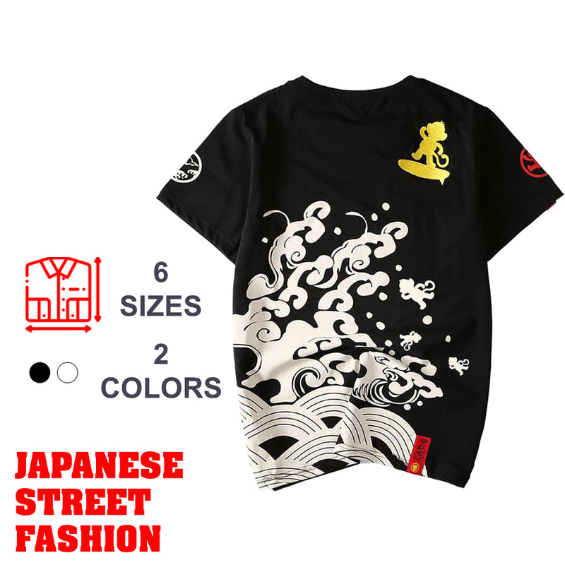 idrop TOLLO - Monkey Ride The Tides Painted Sukajan T-Shirt Japanese Street Fashion