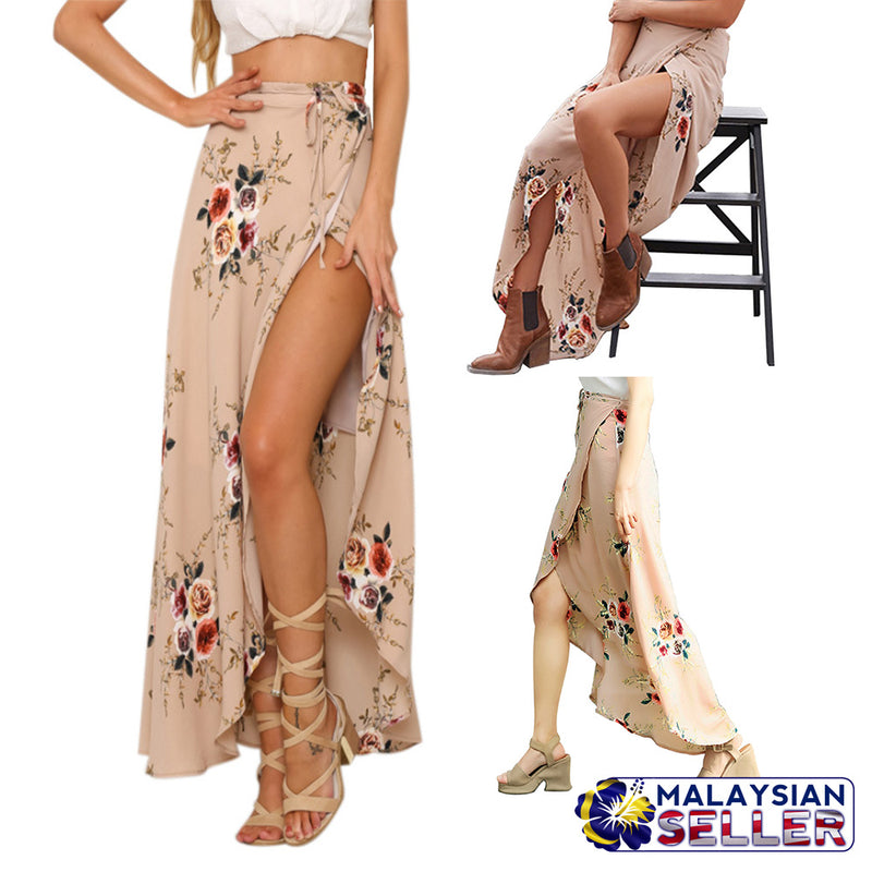 idrop Front Split Floral Wrap Maxi Skirt  [ Cream or White ]