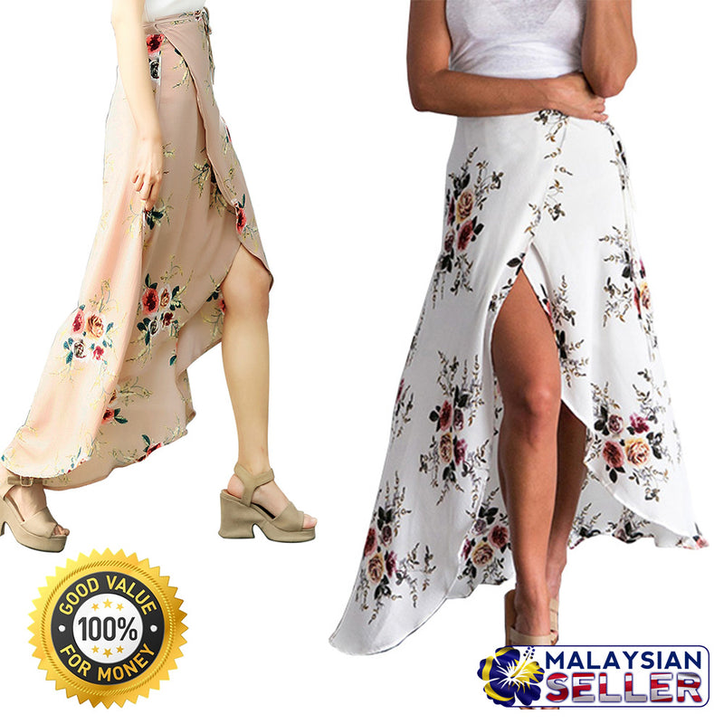 idrop Front Split Floral Wrap Maxi Skirt  [ Cream or White ]