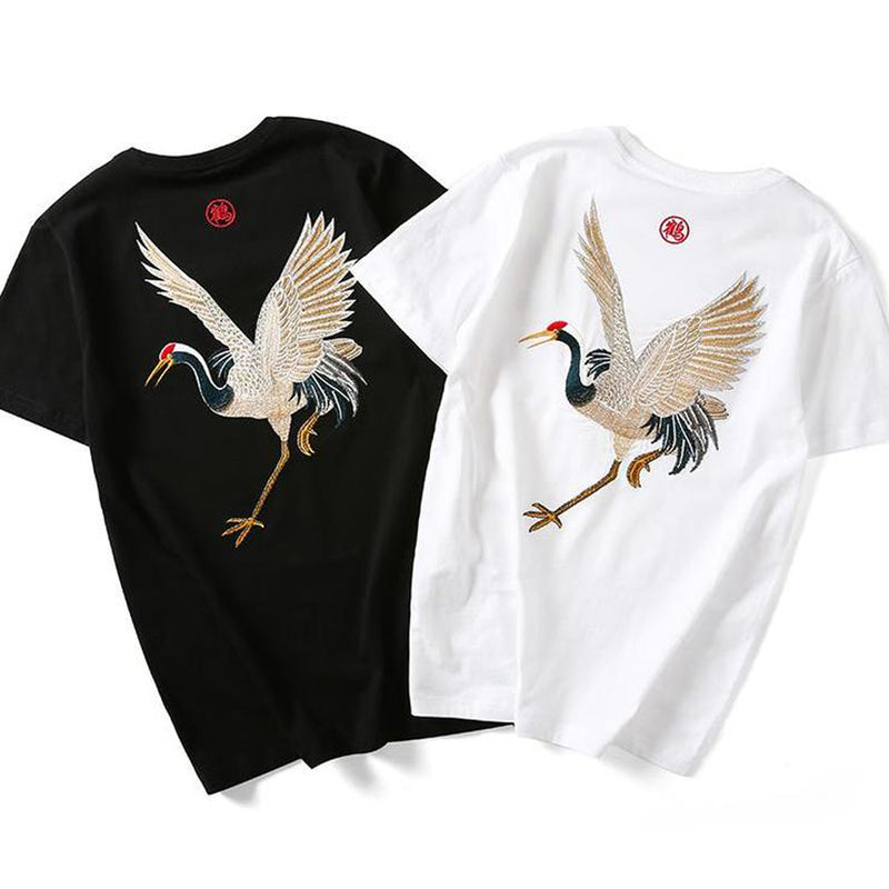 idrop TOLLO - Embroidered Crane Sukajan T-Shirt Japanese Street Fashion