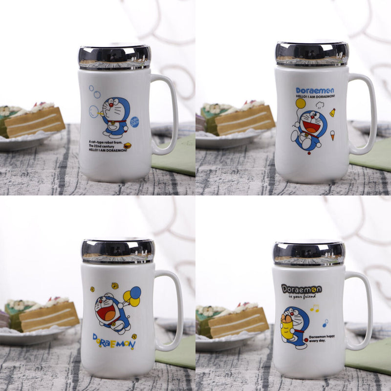 idrop MYCUP - 450 ml Cute Doraemon Design Ceramic Cup with Stainless Steel Lid Cover and Handle