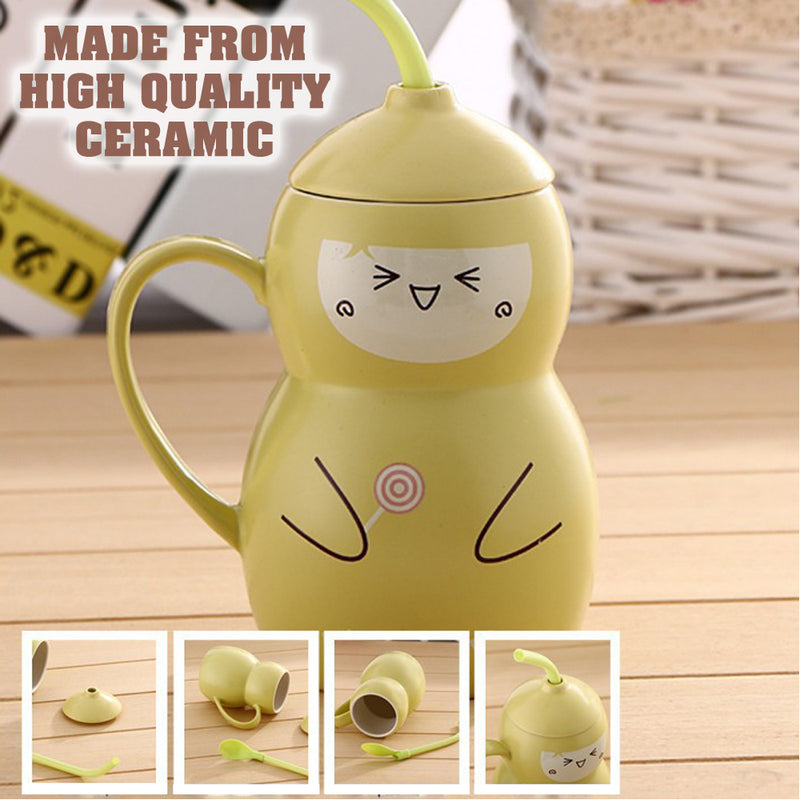 idrop SUNPIO - 12 Oz Cute Gourd Design Ceramic Cup with Lid Cover and Straw