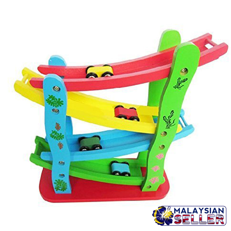 idrop 4-Level Wooden Ramp Racer Miniature Speeding Car Toy Set