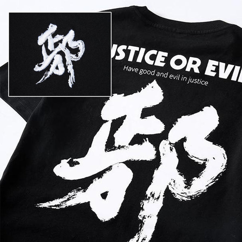 idrop TOLLO - 'Justice or Evil' Calligraphy Painted Sukajan T-Shirt Japanese Street Fashion