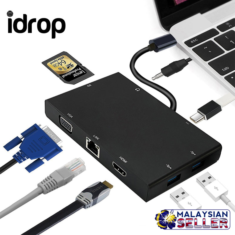 idrop 8 IN 1 USB-C to Hub PD Quick Charge USB-C to Type-c/HDMI/ VGA / Card Reader/3.5mm audio/USB 3.0 Ports2 /Gigabit Ethernet Adapter Cable for laptop / Macbook