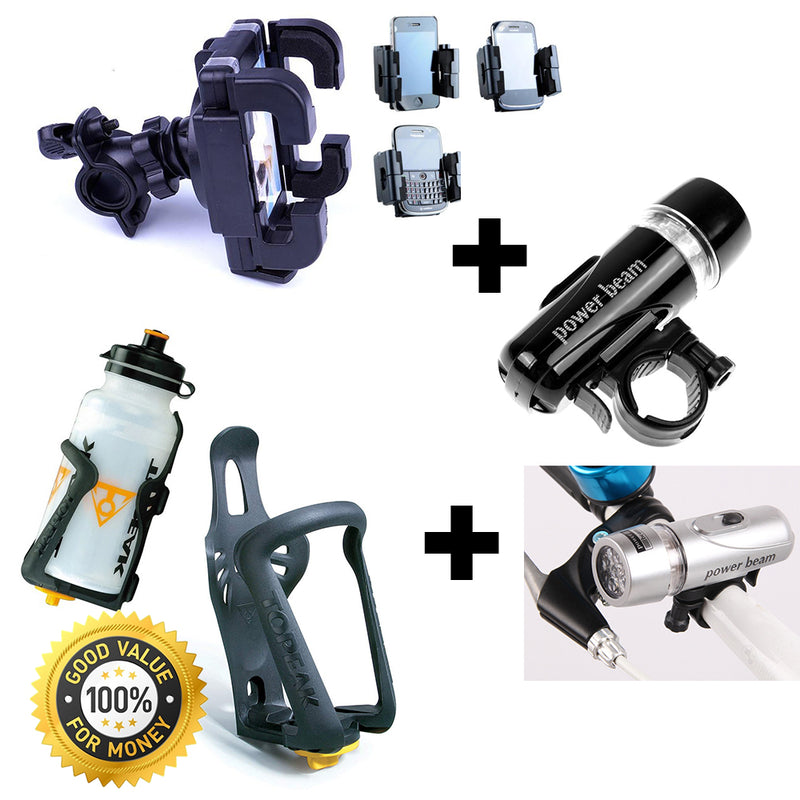 idrop Bicycle Accessories Set For Bicycle Phone Holder + Adjustable Bike Bottle Cage + LED Power Beam Light